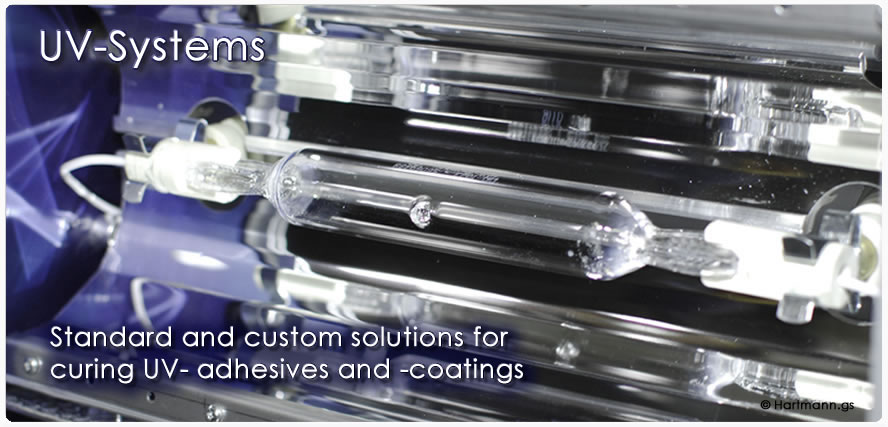 UV-Systems universal emitter systems with filter frame with exchangeable filter plates and different spectra, Separate Ballast and focusable reflectors, Homogeneous irradiation
 Quick-Start System with an integral shutter and High performance reflector , High-Power UV Emitter, 6x450W UV emitters with separate power supply unit
 Manual Aperture system with reflection tunnel and reduced IR radiation Double-stand system and tripod.