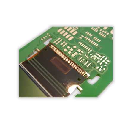 Soldering of an OLED on a PCB. 

Hot Bar Soldering with flat soldering bar. 

The positioning of the flex foil on the soldering pads of the PCB is realised with alignment pins and corresponding drillings in flex and PCB.