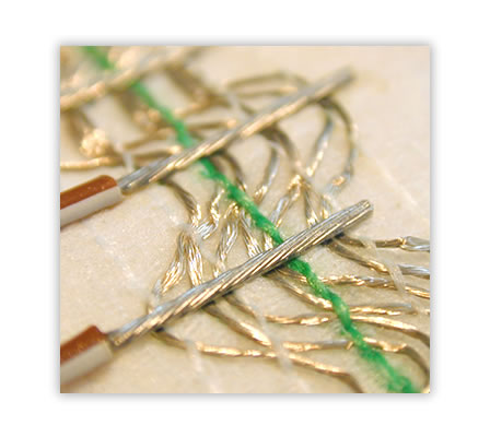 Soldering of single stranded wires on a tissue structure with woven in silver-coated conductors. 

Use of a profiled soldering bar for the optimal positioning of the stranded wires to the soldering pads and for an improved heat input compared to a flat soldering bar.

The profiling of the soldering bar is product-specific and, therefore, can be adapted to the respective wire cross section

There is an open choice of the number of profilings. Profilings can be of different shapes and sizes.

Thus conductors with different cross sections can be soldered in just one process step.