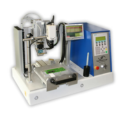 Hot Bar Soldering System with automatic rotary table (Desktop-edition).

Diameter of turntable: 330mm.

On the turntable of the system there are mounting possibilities for 2 product jigs.

Simultanous loading / unloading and soldering.

The turntable is actuated by a drive wheel, launched by a two-handed release.

The turntable is locked automatically and the Hot Bar Soldering process is initiated.

The system enclosure is available in different versions (e.g. ESD acryl glass or profile enclosure with safety door).

Semi-gimballed suspension of the soldering bar for best possible co-planar pressure of the soldering bar on the solder joint (for the soldering of plane solder joints).

Precise linear guide for stranded wire- or cable solderings. Adjustable pressure for both options. 
 
Quick-change system for soldering bars with plug-in connector and mounting device on a pneumatic lifting unit. Change of the soldering bar in <2min.

Active air cooling of the soldering bar at the end of a soldering process.

Duplicate design of temperature control system, incorporating redundancy, with additional thermocouple at the soldering bar.

Complex monitoring capabilities of the programmed soldering profile.

The system control is via a standard PLC with control panel.

Customized adjustments, the integration of additional functions and controls of additional processes can be easily implemented.

Various setting parameters, e.g. heating profile, heating times, heating temperatures, temperature gradients, cooling process, lifting temperature, storing of different product and parameter settings, different quantity-, cycle- and OK/NOK counters, automatic calibration for new soldering bars etc.