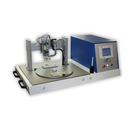 Hot Bar Soldering System with automatic rotary table (Desktop-edition).

Diameter of turntable up to 500mm.

On the turntable of the system there are mounting possibilities for up to 4 product jigs.

System is equal to Bl40i Standard, but significantly larger in its dimensions.

Depending on the task, up to 4 logic working positions can be allocated, for example:
1. Manual station; 
2. Flux station; 
3. Hot Bar Soldering; 
4. Electrical testing or AOI
Control units for up to 3 soldering bars can be integrated.

Simultaneous loading / unloading and soldering. The turntable is actuated by a drive wheel, launched by a two-handed release.

The turntable is locked automatically and the Hot Bar Soldering process is initiated.

The system enclosure is available in different versions (e.g. ESD acryl glass or profile enclosure with safety door).

Semi-gimballed suspension of the soldering bar for best possible co-planar pressure of the soldering bar on the solder joint (for the soldering of plane solder joints).

Precise linear guide for stranded wire- or cable solderings. Adjustable pressure for both options. 

Quick-change system for soldering bars with plug-in connector and mounting device on a pneumatic lifting unit. Change of the soldering bar in <2min.

Active air cooling of the soldering bar at the end of a soldering process.

Duplicated design of temperature control system, incorporating redundancy, with additional thermocouple at the soldering bar.

Complex monitoring capabilities of the programmed soldering profile.

The system control is via a standard PLC with control panel. Customized adjustments, the integration of additional functions and controls of additional processes can be easily implemented.

Various setting parameters, e.g. heating profile, heating times, heating temperatures, temperature gradients, cooling process, lifting temperature, storing of different product and parameter settings, different quantity-, cycle- and OK/NOK counters, automatic calibration for new soldering bars etc.

Customized product jigs.

Permanent force measurement and -monitoring of the soldering process.

Path measurement system for measuring the height of parts and the sinking results.

Flux application systems (manual and automatic).

Camera and monitor to support the operator.

Data communication and data storage of all parameters and measured values in the soldering process.

Components for remote maintenance to grant our technicians access to the PLC control for diagnostics and programming.

Automatic Kapton foil feeder.

Integrated automatic cleaning station for the soldering bar.

Measurement dummies for reproducible measuring of temperature, path and force (for machine capability studies, cmk/cpk-evaluation)
Necessary compressed air supply: 5 Bar, Emergency-Stop function, CE mark of conformity