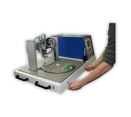 Hot Bar Soldering System with automatic rotary table (Desktop-edition).

Diameter of turntable up to 500mm.

On the turntable of the system there are mounting possibilities for up to 4 product jigs.

System is equal to Bl40i Standard, but significantly larger in its dimensions.

Depending on the task, up to 4 logic working positions can be allocated, for example:
1. Manual station; 
2. Flux station; 
3. Hot Bar Soldering; 
4. Electrical testing or AOI
Control units for up to 3 soldering bars can be integrated.

Simultaneous loading / unloading and soldering. The turntable is actuated by a drive wheel, launched by a two-handed release.

The turntable is locked automatically and the Hot Bar Soldering process is initiated.

The system enclosure is available in different versions (e.g. ESD acryl glass or profile enclosure with safety door).

Semi-gimballed suspension of the soldering bar for best possible co-planar pressure of the soldering bar on the solder joint (for the soldering of plane solder joints).

Precise linear guide for stranded wire- or cable solderings. Adjustable pressure for both options. 

Quick-change system for soldering bars with plug-in connector and mounting device on a pneumatic lifting unit. Change of the soldering bar in <2min.

Active air cooling of the soldering bar at the end of a soldering process.

Duplicated design of temperature control system, incorporating redundancy, with additional thermocouple at the soldering bar.

Complex monitoring capabilities of the programmed soldering profile.

The system control is via a standard PLC with control panel. Customized adjustments, the integration of additional functions and controls of additional processes can be easily implemented.

Various setting parameters, e.g. heating profile, heating times, heating temperatures, temperature gradients, cooling process, lifting temperature, storing of different product and parameter settings, different quantity-, cycle- and OK/NOK counters, automatic calibration for new soldering bars etc.