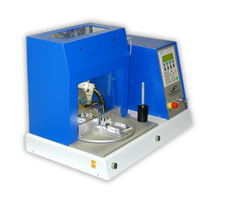 Hot Bar Soldering System with automatic rotary table (Desktop-edition).

Diameter of turntable: 330mm.

On the turntable of the system there are mounting possibilities for 2 product jigs.

Simultanous loading / unloading and soldering. The turntable is actuated by a drive wheel, launched by a two-handed release.

The turntable is locked automatically and the Hot Bar Soldering process is initiated.

The system enclosure is available in different versions (e.g. ESD acryl glass or profile enclosure with safety door).

Semi-gimballed suspension of the soldering bar for best possible co-planar pressure of the soldering bar on the solder joint (for the soldering of plane solder joints).

Precise linear guide for stranded wire- or cable solderings. Adjustable pressure for both options. 
 
Quick-change system for soldering bars with plug-in connector and mounting device on a pneumatic lifting unit. Change of the soldering bar in <2min.

Active air cooling of the soldering bar at the end of a soldering process.

Duplicate design of temperature control system, incorporating redundancy, with additional thermocouple at the soldering bar.

Complex monitoring capabilities of the programmed soldering profile.

The system control is via a standard PLC with control panel.

Customized adjustments, the integration of additional functions and controls of additional processes can be easily implemented.

Various setting parameters, e.g. heating profile, heating times, heating temperatures, temperature gradients, cooling process, lifting temperature, storing of different product and parameter settings, different quantity-, cycle- and OK/NOK counters, automatic calibration for new soldering bars etc.

For the standard system, numerous additional functions are available:

Customized product jigs.

Permanent force measurement and -monitoring of the soldering process.

Path measurement system for measuring the height of parts and the sinking results.

Flux application systems (manual and automatic).

Camera and monitor to support the operator.

Data communication and data storage of all parameters and measured values in the soldering process.

Components for remote maintenance to grant our technicians access to the PLC control for diagnostics and programming.

Automatic Kapton foil feeder.

Integrated automatic cleaning station for the soldering bar.

Measurement dummies for reproducible measuring of temperature, path and force (for machine capability studies, cmk/cpk-evaluation).

Necessary compressed air supply: 5 Bar, Emergency-Stop function, CE mark of conformity.