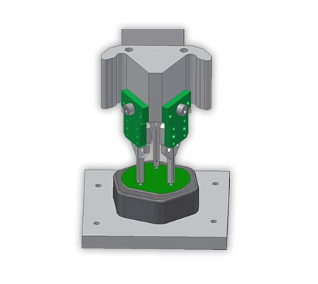 Beispiel Heißverstemm-Kopf zur Integration in kundenspezifische Fertigungssysteme. 

Drei Heizstempel werden gemeinsam auf das Produkt zugeführt, sind jedoch getrennt parametrierbar.

Heißverstemmsystem zum Umformen von thermoplastischen Kunststoffkomponenten unter lokalem Einfluss von Wärme und Kraft z.B. zur Fixierung von Leiterplatten in Kunststoffkörpern oder Kunststoff-Kunststoff Verformungen.

Verstemmt werden thermoplastische Kunststoffe wie z.B. PA, PP, PBT, POM, PC und PE (auch mit Glasfaseranteilen).
Hochpäzise Temperaturregelung nach dem Pulz-Heiz-Verfahren. 

Anschlussmöglichkeit für bis zu 3 Einzel- oder Mehrfach-Heizstempel.

Pneumatische Zustellung des Stempels auf das Produkt. 

Die Heizstempel werden doppelt Temperaturüberwacht, kleinste Unregelmäßigkeiten im Temperaturverhalten werden automatisch vom System erkannt. 

Das Heißverstemmsystem kann mit einer integrierten Kraft- und Wegemessung ausgestattet werden. 

Stempel unterliegen keiner Verschmutzung und können mit hochbelastbaren Beschichtungen zum Schutz vor mechanischen Verschleißerscheinungen, speziell beim Einsatz von glasfasergefüllten Kunststoffen, versehen werden.